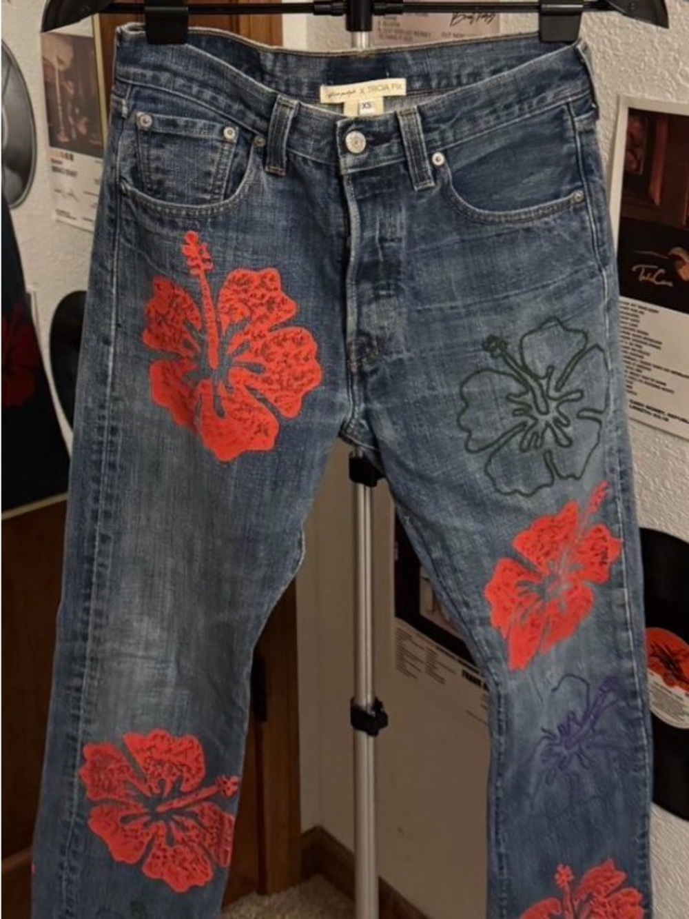 Tricia Fix Straight Leg Blue Jeans with Red & Green Floral Embroidery